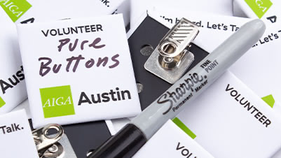 Square Bulldog Clip Buttons for AIGA Austin