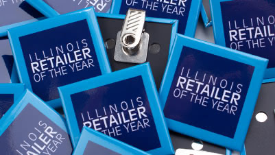 2" Square Bulldog Clip Badges for Illinois Retailer of The Year