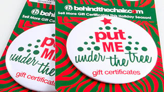 Button pack for BehindTheChair featuring a large round gift card button