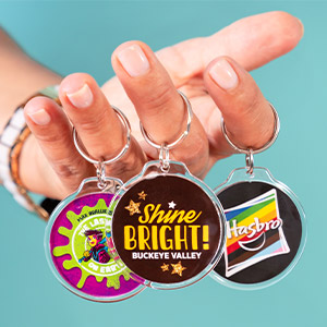 Durable acrylic and metal round keychains
