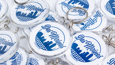 Des Moines Iowa Round Acrylic Keychains printed for Bozzprints