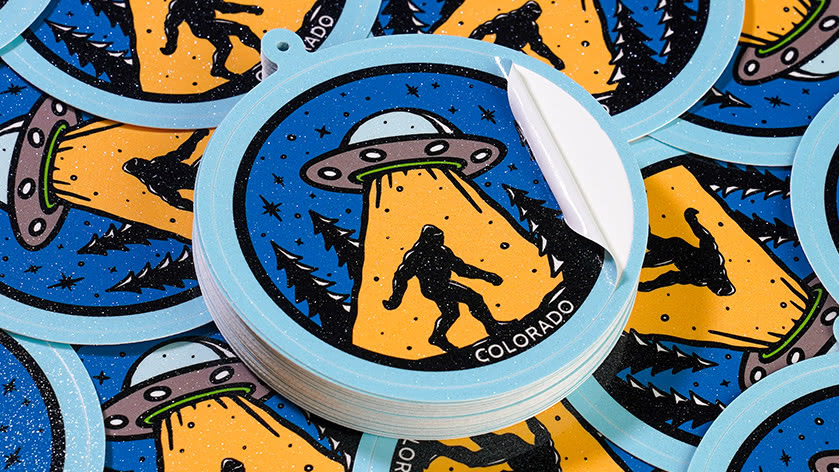 Colorado Souvenir Glitter Hang Tag Stickers Featuring Bigfoot and UFO