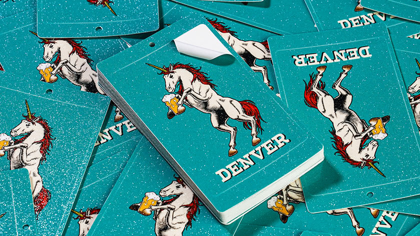 Denver Colorado Souvenir Rectangle Glitter Sticker Hang Tags with Beer Drinking Unicorn