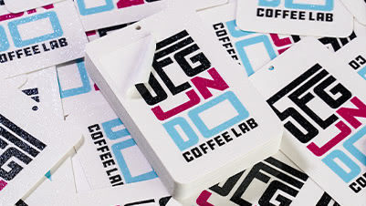 Rectangular Glitter Sticker Hang Tags for Segundo Coffee Lab
