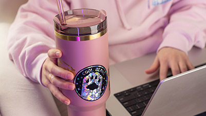 Cool Beans Cracked Ice Holographic Circle Sticker Applied to Drink Tumbler