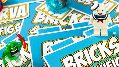 Closeup of LEGO Slimer and Stay-Puft Marshmallow Man Posing with Bricks & Minifigs RVA Die Cut Magnets