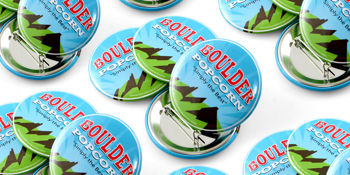 Round Custom Buttons for Boulder Popcorn Company