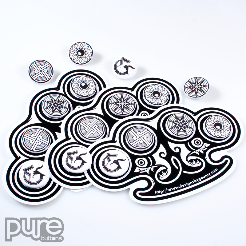 Designs by Gaunty Black and White Custom Buttons and Die Cut Button Pack Sample Photo