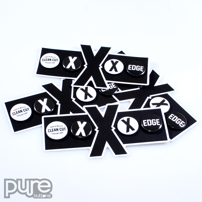 Straight Edge Black and White Custom Buttons and Die Cut Button Pack Sample Photo